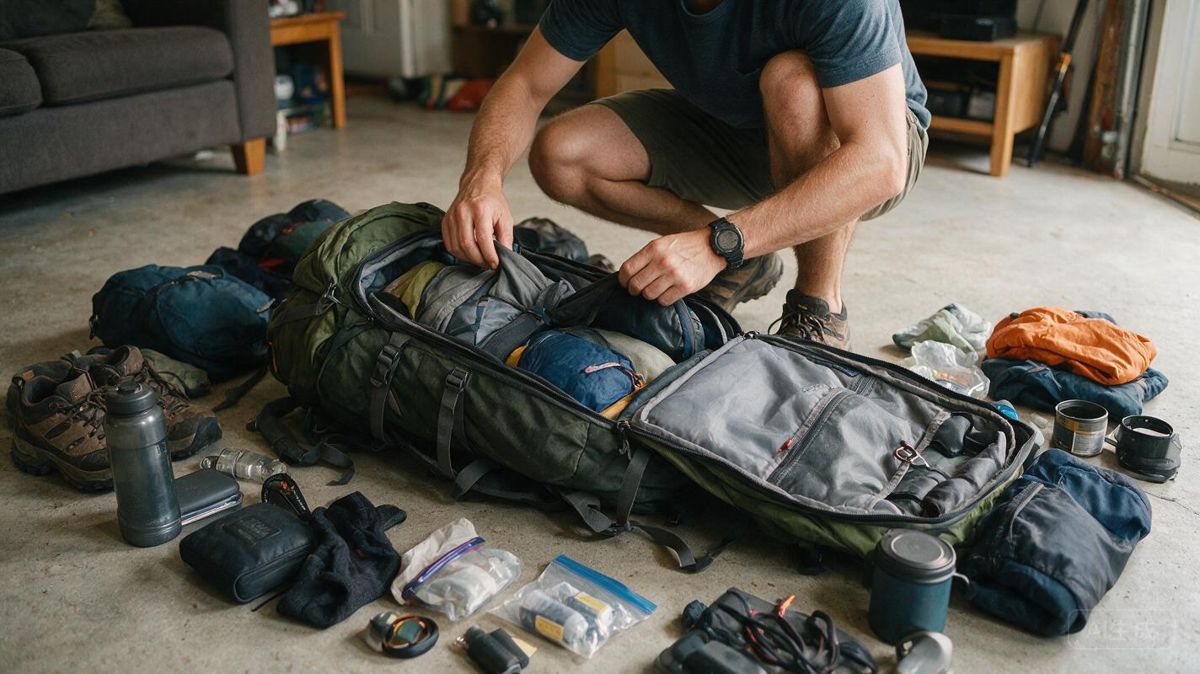 A beginner backpacker packing gear spread out on the floor before their first trip