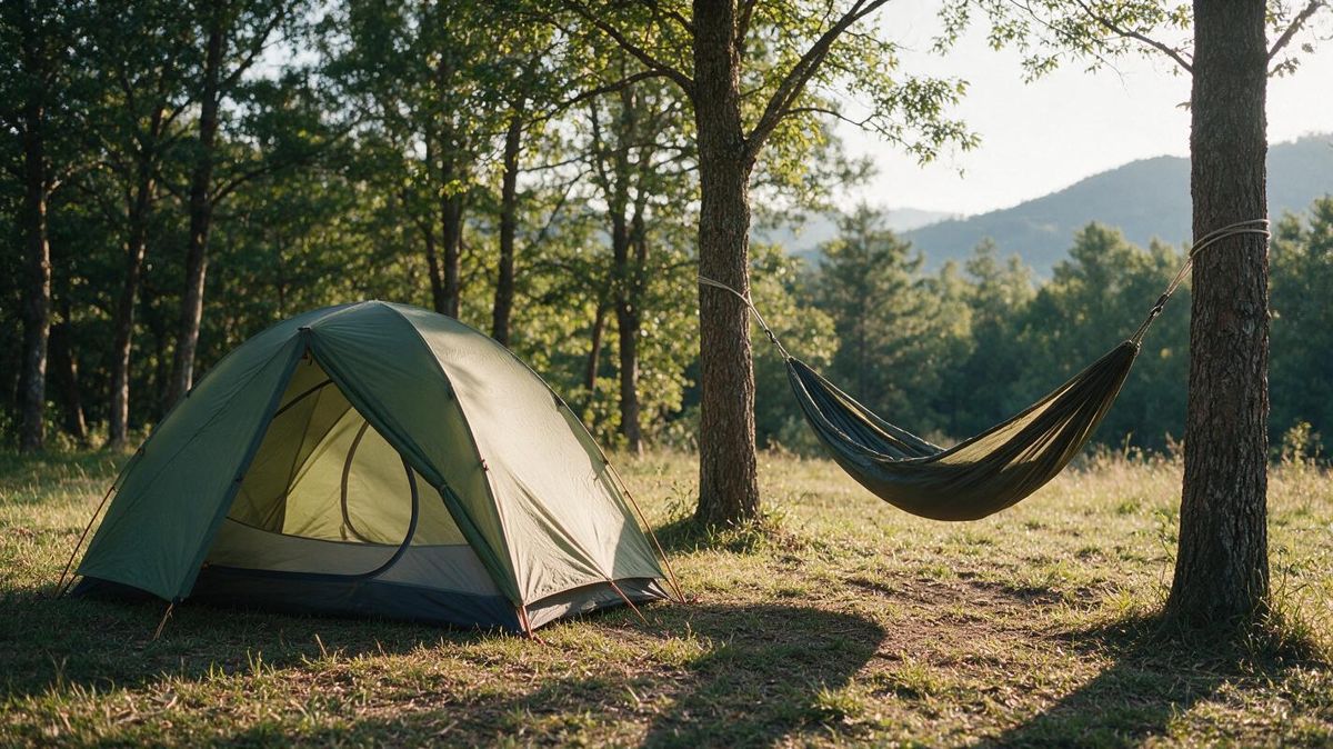 A backpacking tent pitched on the ground next to a camping hammock strung between two trees at the same campsite